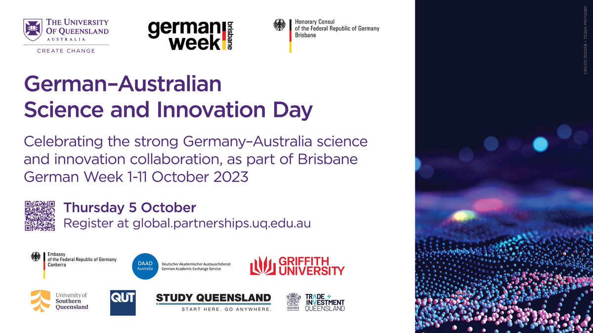 DAAD_Australia's tweet photo. 👏🏾 Tomorrow starts the German-Australian Science and Innovation Day in Brisbane 🇩🇪🇦🇺! The DAAD Research Ambassador Prof Leonie Barner will present for you on the Australia-Germany Joint Research Cooperation Scheme.
📅 5 Oct. 2023, 2–6pm.
Find details here: https://t.co/0SxcuL0fC7 https://t.co/zfhDw58jSz