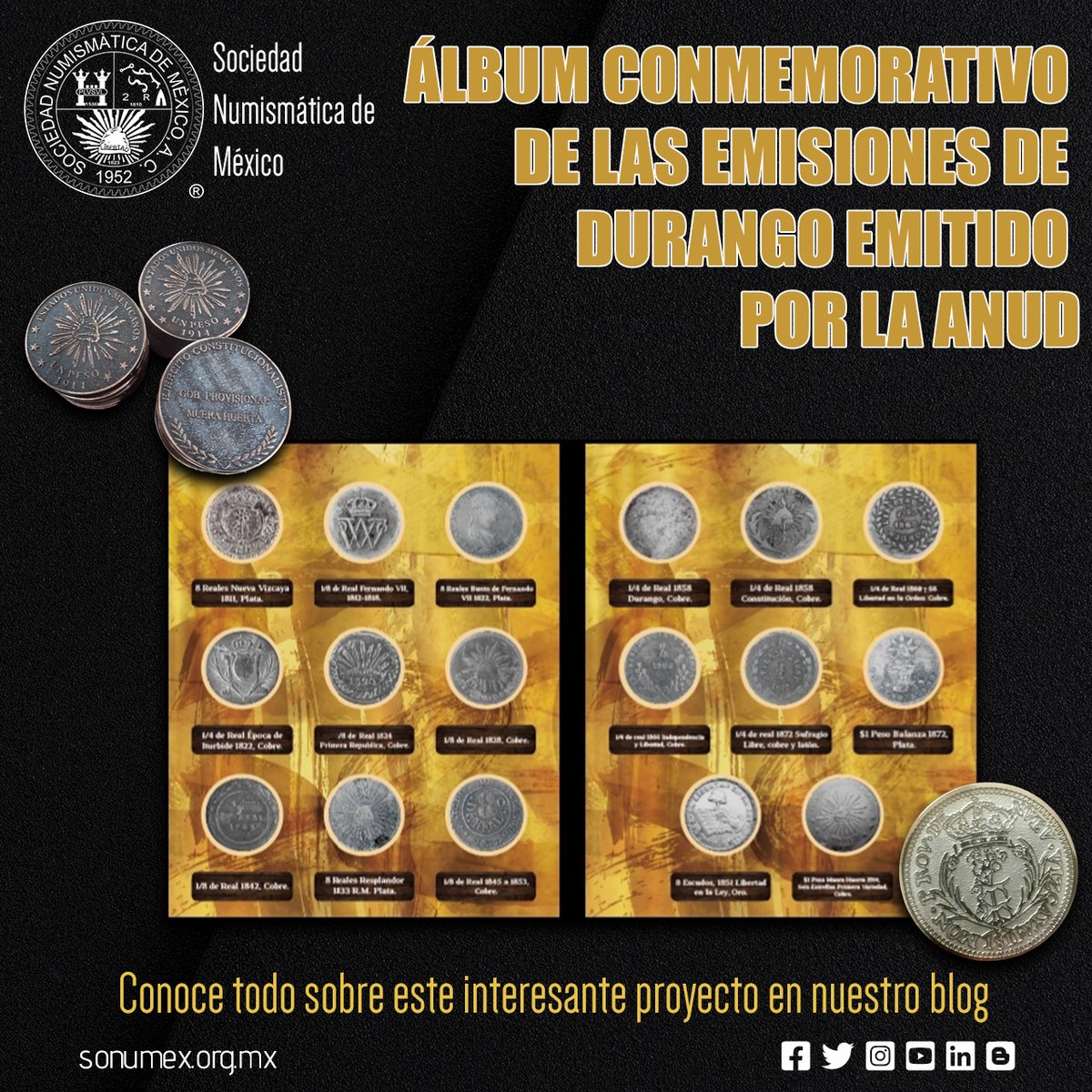 Sonumex's tweet photo. En el macro del 17 aniversario de la Asociación Numismática de Durango, lanzaron un programa medallístico con la emisión de un álbum para coleccionar 17 piezas representativas de la numismática de Durango.
Ver el articulo completo en: https://t.co/TwfX9FhfGP
#sonumex #anud https://t.co/LGJ70aBChQ