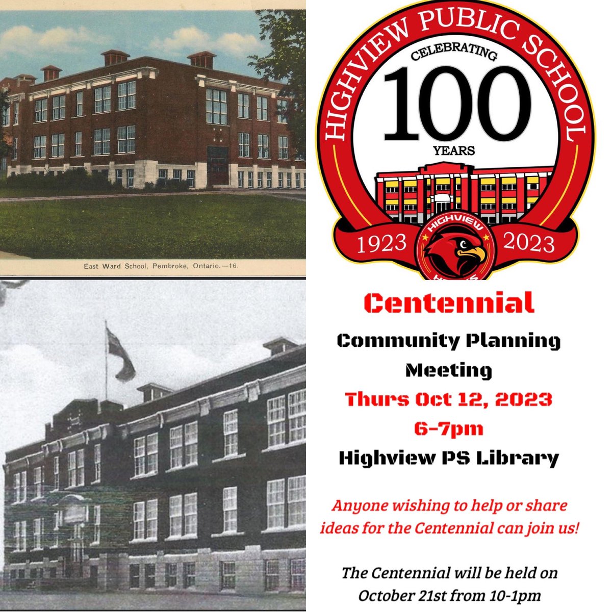 @RCDSB <a href="/HighviewPS/">Highview PS</a> Centennial Planning Meeting! Thursday, October 12 from 6-7pm! #centennial #ottawavalleyhistory <a href="/CityPembroke/">City of Pembroke</a>