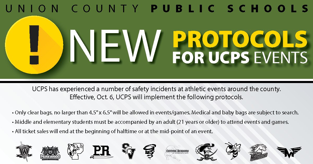 Union County Public Schools (@ucpsnc) on Twitter photo <a href="/UCPSNC/">Union County Public Schools</a> has experienced a number of safety incidents at athletic events around the county. Effective, Oct. 6, UCPS will implement the following protocols: <a href="/AGHoulihan/">Andrew G. Houlihan</a> <a href="/UCPSNCAthletics/">UCPS NC Athletics</a> <a href="/UCPSNC/">Union County Public Schools</a> has experienced a number of safety incidents at athletic events around the county. Effective, Oct. 6, UCPS will implement the following protocols: <a href="/AGHoulihan/">Andrew G. Houlihan</a> <a href="/UCPSNCAthletics/">UCPS NC Athletics</a>