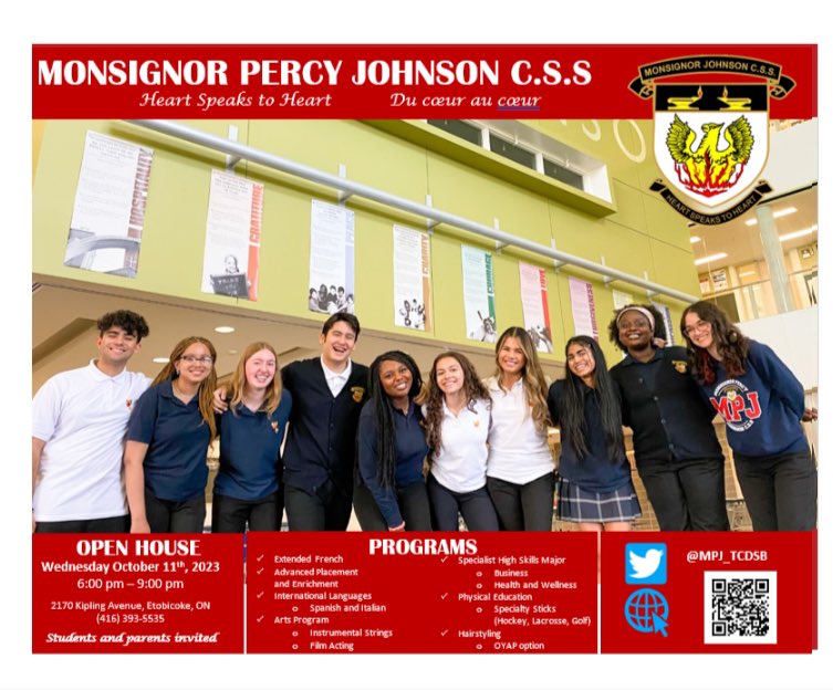 Join us for the Monsignor Percy Johnson Open House on Wednesday October 11th @ 6PM Check out our programming and meet our staff! @TCDSB @StBenedictTCDSB @holychildtcdsb @stephenTCDSB @StAndrewStormP @TCDSB_StAngela @transfigtcdsb @stmauricecs @roch_we @StDorothyTCDSB