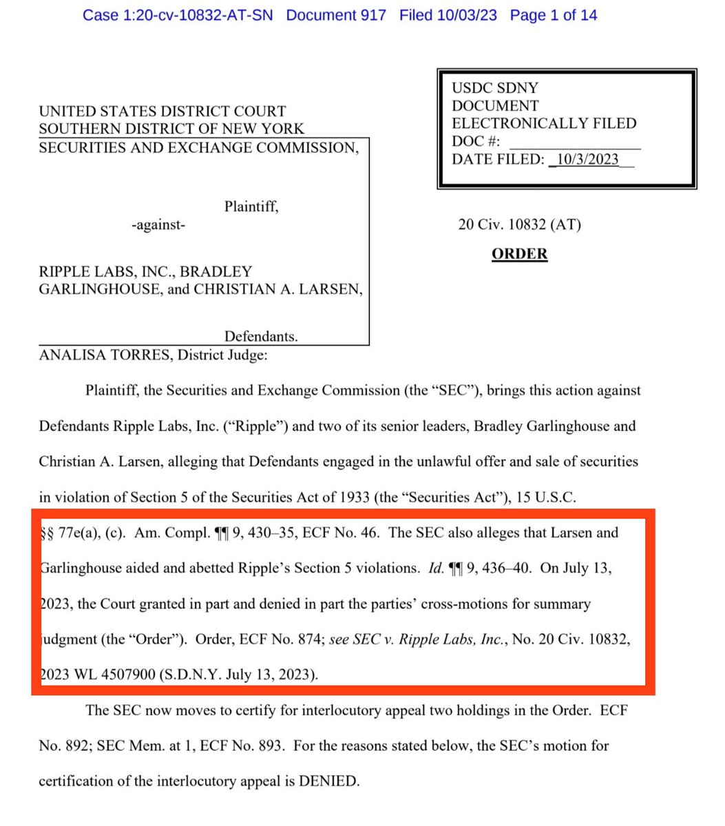 درخواست تجدید نظر SEC توسط قاضی تورس رد شد.!!!!!! چه قدر بگیم ویکتوریییی !!! 
این اغاز اینستوتیشنال اینوسمنت بانک ها و موسسات مالی امریکا در‌ (امریکا) برای‌ ریپل خواهد بود. 
البته قبلا توضیح داده بودم که‌ توییت های قبلی، چرا شانسی برای اس‌ای سی نیست. 
بیت کوین و فیلیپ نکنیم :)))