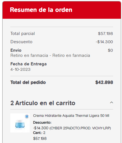 Maricel2009's tweet photo. Ojo @SERNAC @conadecus @CyberDaysChile Publicidad engañosa de Farmacias Ahumada. Ofertan producto a precio irreal: según "oferta ciber" es de 18.589, por lo que dos unidades debieran costar 37.178, pero al ir a pagar el cobro sube misteriosamente a 42.898. No aprenden! https://t.co/s6Bewby5LR