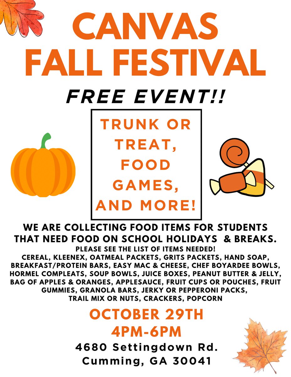 CanvasCumming's tweet photo. MARK YOUR CALENDARS! Fall Festival is coming up soon! We’ll have a whole evening of fun! Come out and enjoy a night of trunk or treat, food, games, and fellowship! We also are collecting food items for the students in our county that may not have much food on school breaks. 🙏 https://t.co/vJXbbDwt7S
