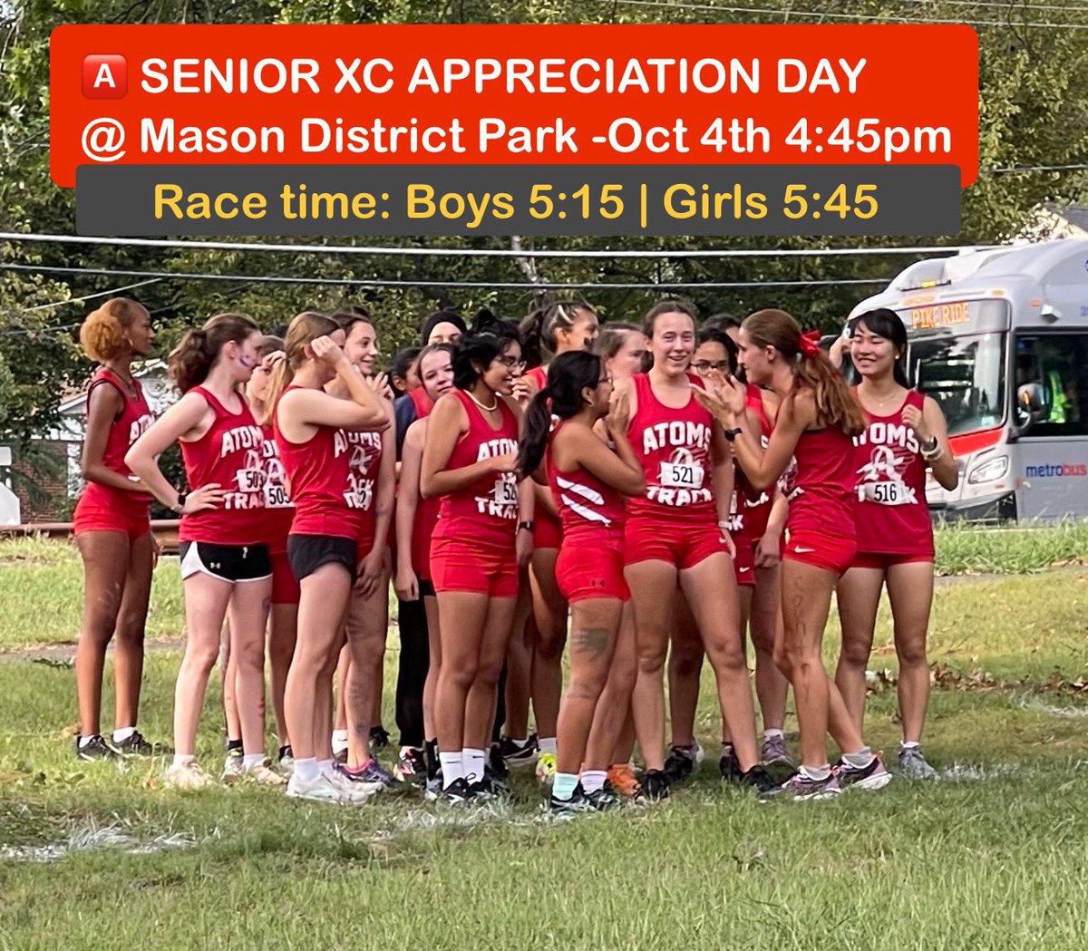 annandaletrack's tweet photo. Senior Appreciation Day for the XC Seniors Tomorrow at Mason District Park @AtomsAthletics @julianscarbrou1 @AnnandaleAtoms @atomsyearbook @AtomsLeadership #goatoms #chasing1981 https://t.co/YktacPRGt0