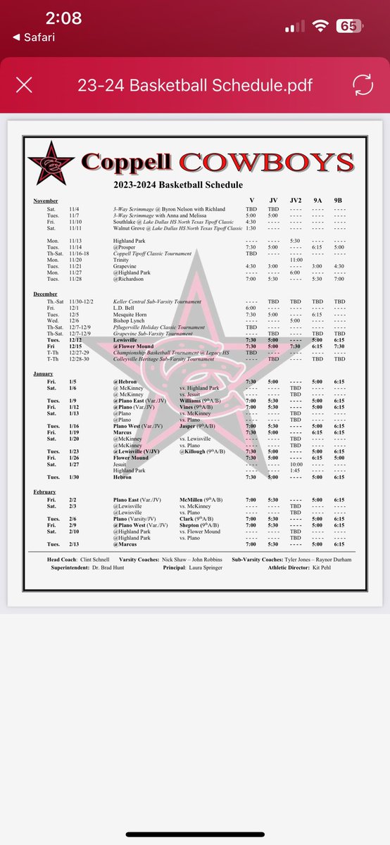 EthanMacken2025's tweet image. 23-24 Coppell High school Basketball Schedule