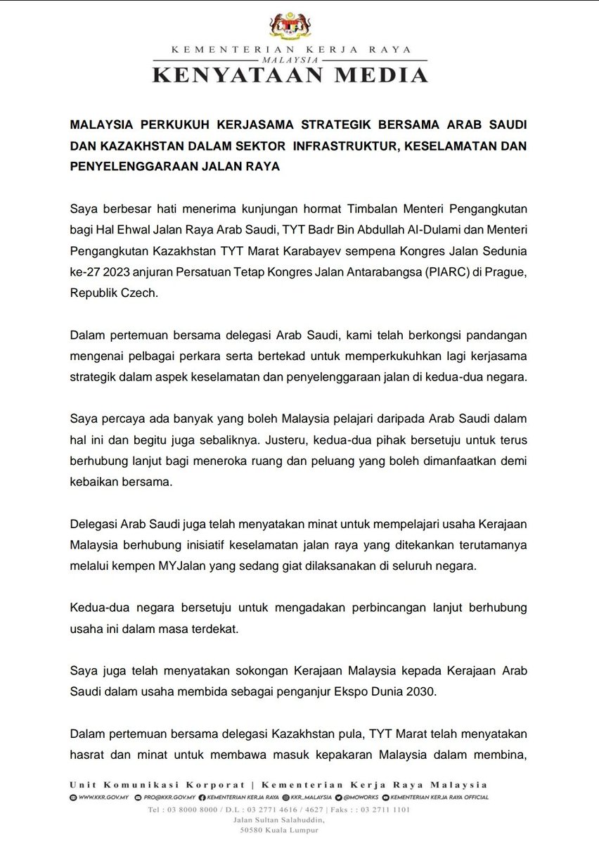 moworksmy's tweet photo. Malaysia Perkukuh Kerjasama Strategik Bersama Arab Saudi Dan Kazakhstan Dalam Sektor Infrastruktur, Keselamatan Dan Penyelenggaraan Jalan Raya. https://t.co/y5Wwvd0oLQ