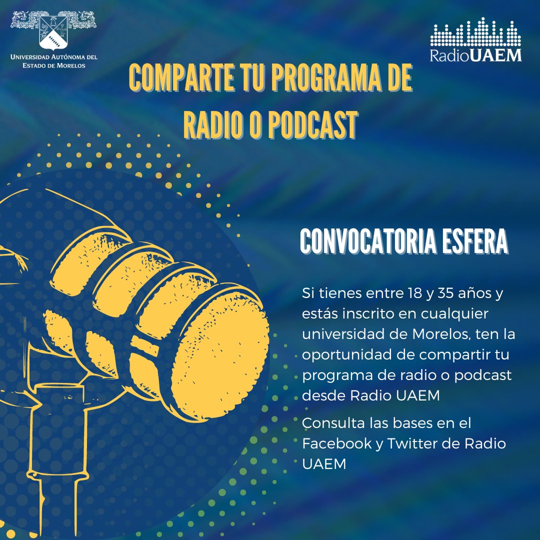 En Radio UAEM creemos que las juventudes pueden contribuir muy positivamente a la evolución de los medios de comunicación. Si estudias en cualquier universidad de Morelos participa en nuestra convocatoria 'Esfera'. Conócela aquí. podcast.uaem.mx:16080/groups/sesione…