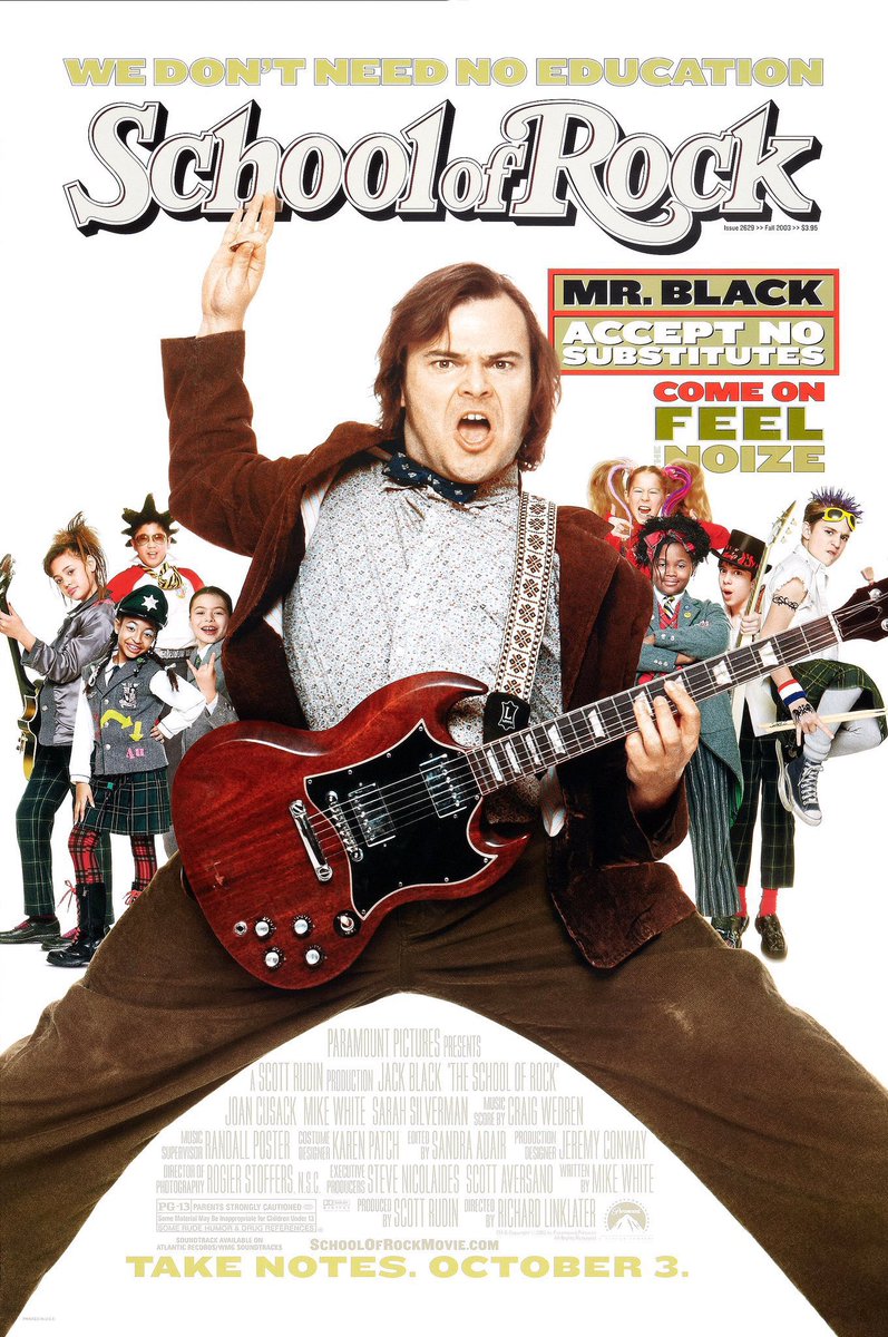FilmNewsNos's tweet image. 🎬MOVIE HISTORY: 20 years ago today, October 3, 2003, the movie ‘School of Rock’ opened in theaters!

#JackBlack #JoanCusack #MikeWhite #SarahSilverman #MirandaCosgrove #JoeyGaydosJr #KevinClark #RebeccaBrown #RobertTsai #MaryamHassan #CaitlinHale #AleishaAllen #BrianFalduto