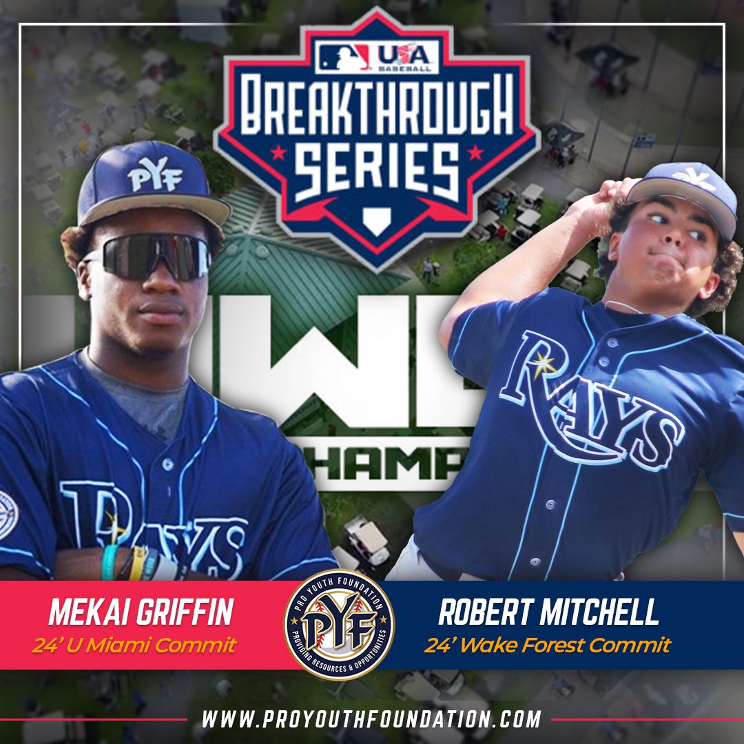Congrats to PYF Rays FL team players Mekai Griffin <a href="/GriffinMekai/">Mekai Griffin</a> and Robert Mitchell <a href="/24RMitchell/">Robert Mitchell</a> on their selection to the MLB Breakthrough Series Jupiter Team. Thanks to MLB for creating this platform for exposure. #wwba
#pyfrays #proyouthfoundation #pyf #impact
