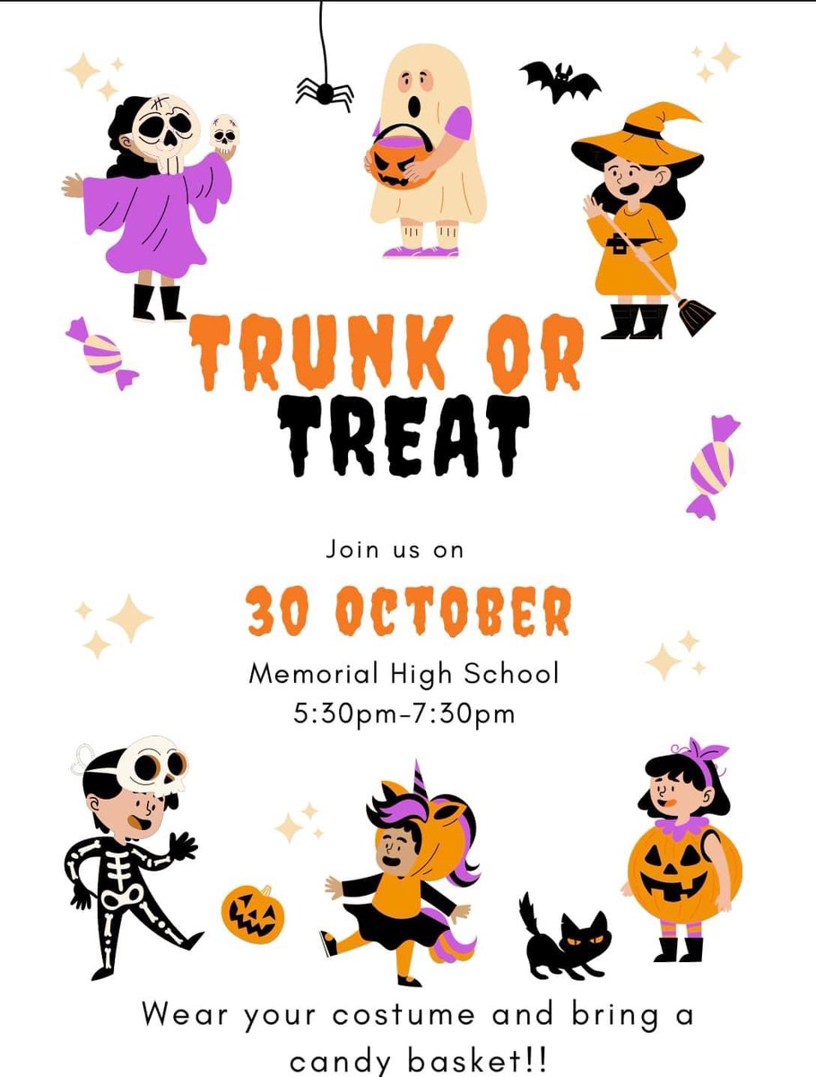 Mark your calendars!! Student Council is hosting a Trunk or Treat on October 30th at 5:30pm! We would love to see all the families there wearing their costumes!