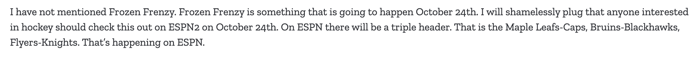 Transcript: 2023-24 NHL Opening Night Preview Media Conference Call - ESPN  Press Room U.S.