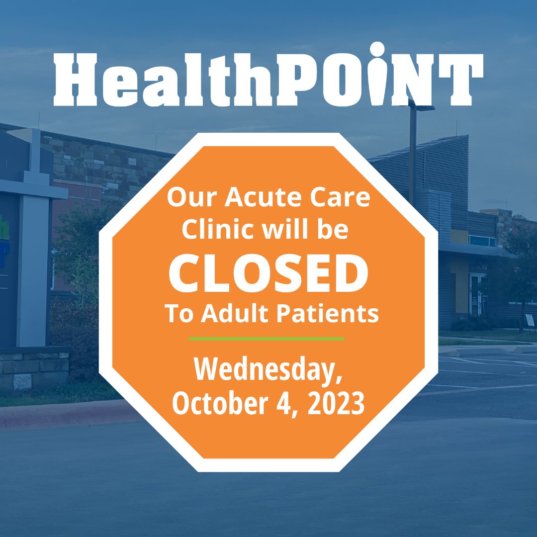 Our Acute Care Clinic will be closed to Adult Patients tomorrow, Wednesday, October 4, 2023. We will have pediatric providers available to see patients!

As always, we encourage you to call your primary care provider if you need to be seen quickly.
