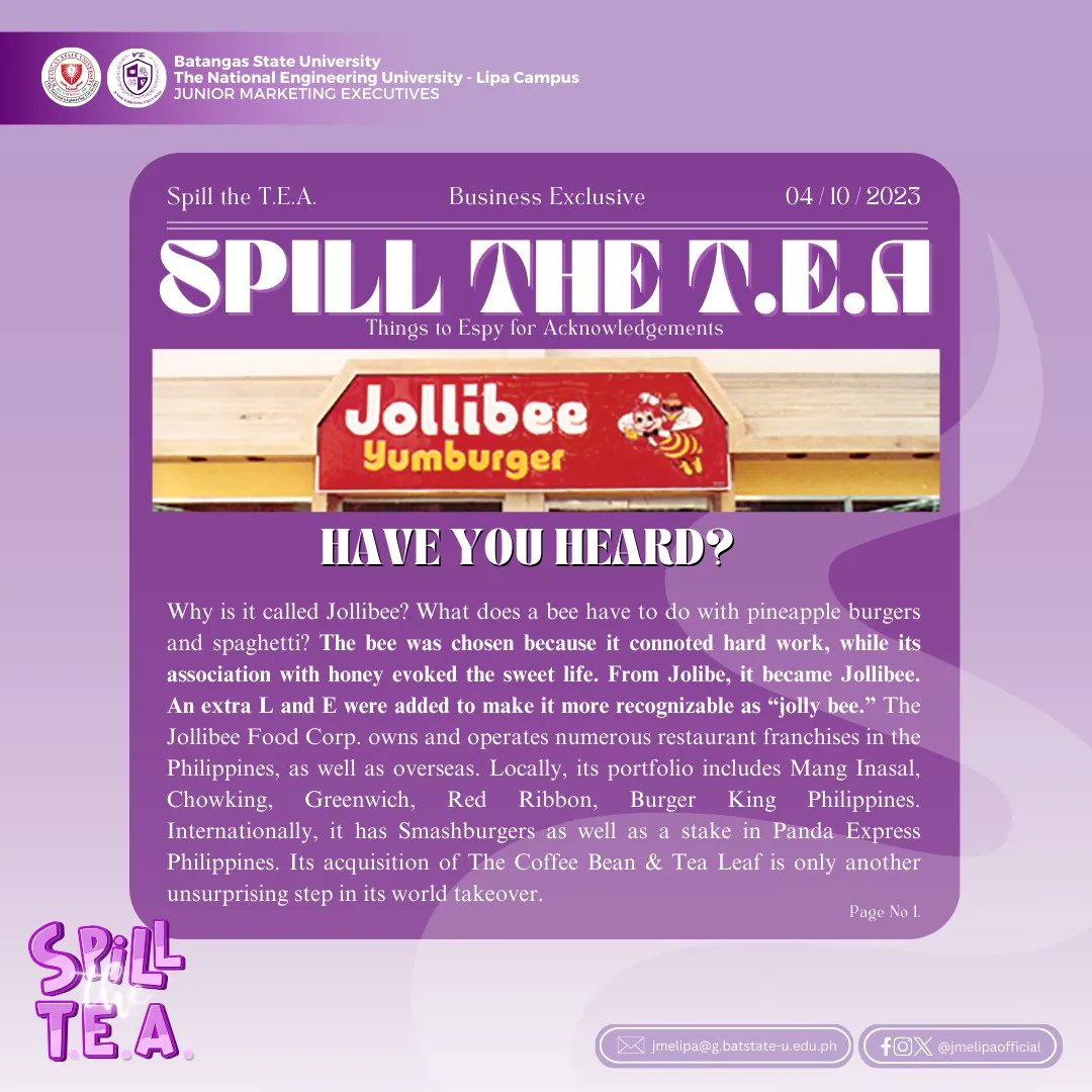 jmelipaofficial's tweet photo. ๐๐๐๐๐ ๐๐๐ ๐.๐.๐.
A peaceful Wednesday Marketista!
Hereโs some business trivia about why Jollibee is called JOLLIBEE!
๐๐ ๐๐ฆ๐๐ซ๐ญ. ๐๐ ๐๐ซ๐๐๐ญ๐ข๐ฏ๐. ๐๐ฎ๐ญ๐ฐ๐ข๐ญ ๐ญ๐ก๐ ๐๐ก๐๐ฅ๐ฅ๐๐ง๐ ๐๐ฌ.
#spillthetea
#MarketistaUpdates
#SmartCreativeOutwit https://t.co/gxdxaR1Qh9