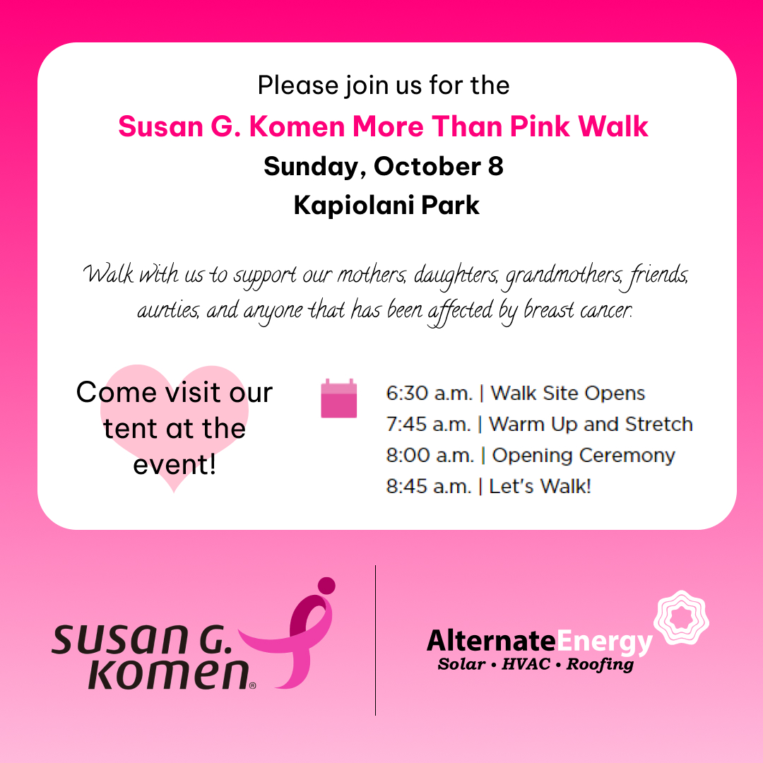 aeihawaii's tweet photo. Alternate Energy is a proud sponsor of the Susan Komen Foundation. AEI has donated over $10,000 to the cause this year. Please join us in supporting breast cancer awareness this Sunday at Kapiolani Park! We will have a tent and refreshments will be provided at the event! https://t.co/DFu3wM974p