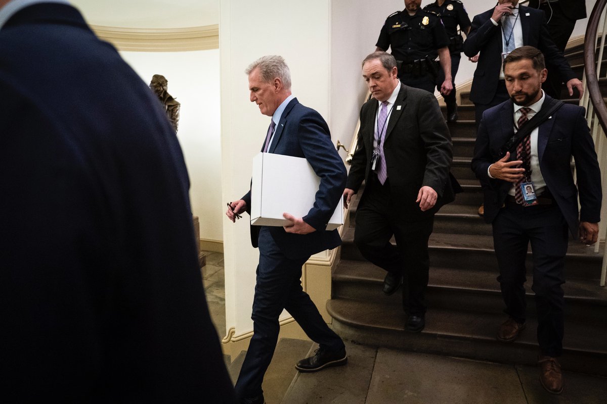 Former House Speaker Rep. Kevin McCarthy (R-CA) departs for the night with a box under his arm after being ousted as House Speaker on Capitol Hill on Tuesday, Oct. 03, 2023, in Washington, DC. (Photo by Jabin Botsford/@washingtonpost
