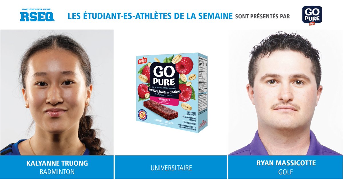 RSEQ1's tweet photo. [SECTEUR UNIVERSITAIRE]

Voici les étudiant·es-athlètes de la semaine pour le secteur universitaire, présentés par Go Pure, la barre officielle du RSEQ :

⭐️ Kalyanne Truong (badminton) @Carabins
⭐️ Ryan Massicotte (Golf) @BishopsGaiters

Bravo !
#RSEQ #sport #éducation #GOPURE https://t.co/PL1996KpvE