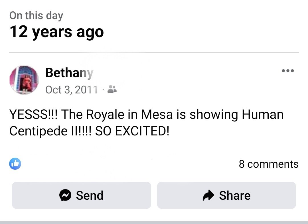 12 years ago I was able to see Human Centipede 2 at a local theater. The theater is long gone but the effect Human Centipede has will always remain. 😂 @skelapuff