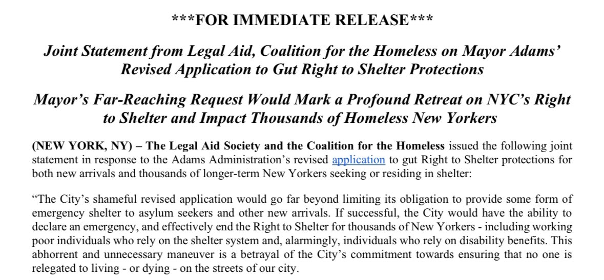 LegalAidNYC's tweet image. Repugnant. This is the City’s most far-reaching attempt to retreat on its legal and moral obligation to provide shelter for individuals without homes since the #RightToShelter was established in 1981.

Joint statement w/@NYHomeless:
legalaidnyc.org/wp-content/upl…