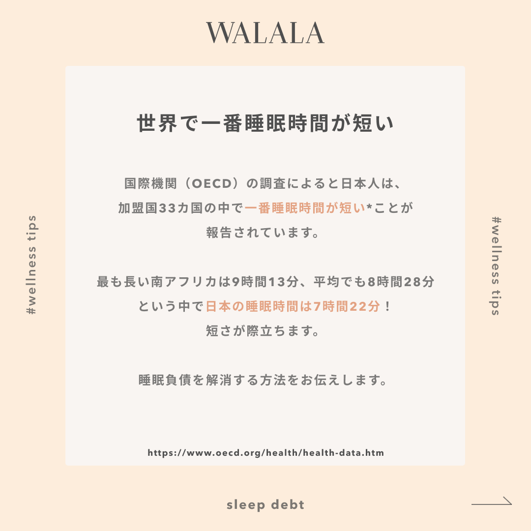 walalajp's tweet photo. 日々をより豊かなに過ごすためのヒント💡 ① "睡眠負債"という言葉ご存知でしょうか？寝不足が続くと、日中のパフォーマンス低下だけでなく、健康リスクも😱  #walala #wellness #ウェルネス #ウェルネスとは #wellnesstips #tips #スキンケア #skincare #bodycare #ボディケア　#睡眠負債　#寝不足 https://t.co/7FglzZvmIr