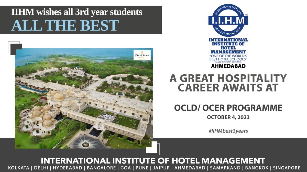 IIHM Ahmedaba looks forward to recruitment drive with The Oberoi Group for Future Leaders Program - Management Training & Executive Training. Wishing our dear students of Batch 2021-24, All the best for recruitment drive with ITC Hotels. #placement2023 #IIHMHotelSchool