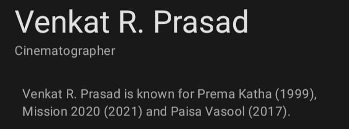 DOP #VenkatPrasad garu, who worked earlier for films like #Premakatha, #100%Love, #Bobby, etc ... is now the part of #Parakramam as Director Of Photography. 
The first DOP I am working with, in my entire filmmaking career. Welcome sir ❤️