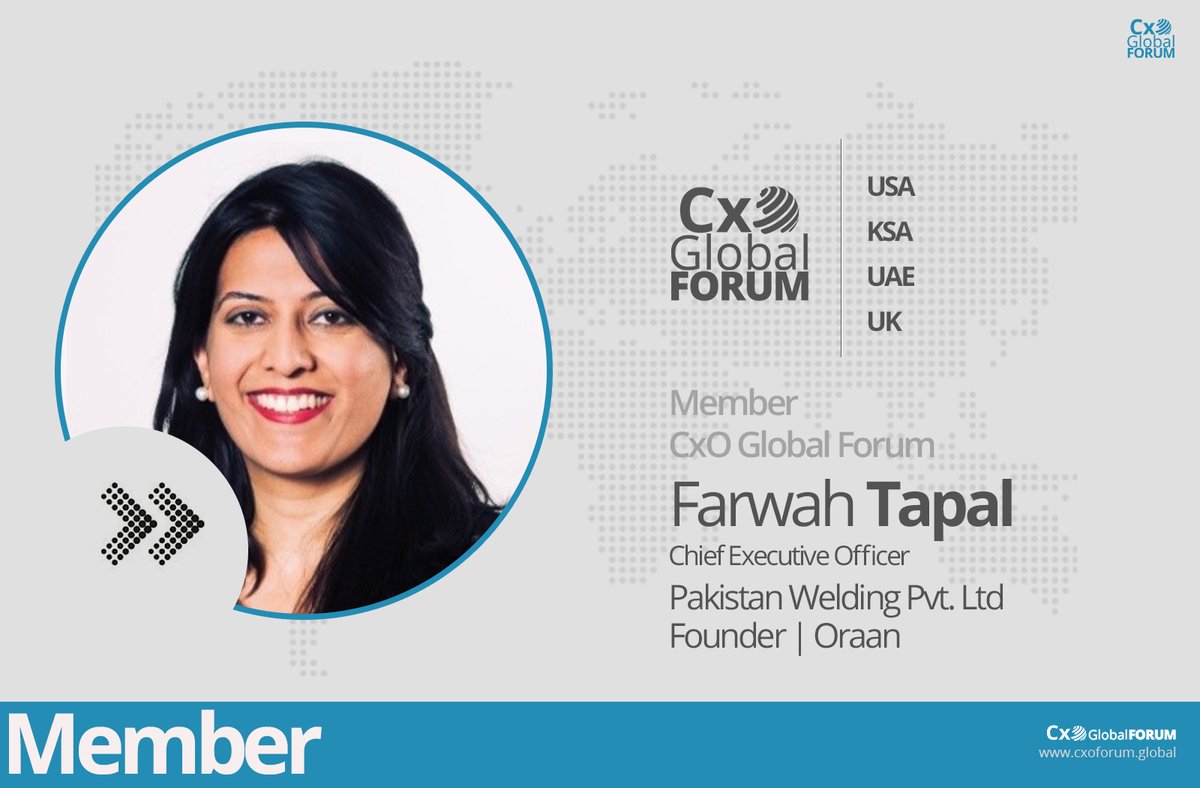 CxO Global Forum would like to welcome Farwah Tapal, CEO Pakistan Welding Electrodes Pvt Ltd to join the community as member.
Want to be a part of thought leaders community?
join now : cxoforum.global/cxo-global-mem…

#cxoglobalforum #thoughtleaders