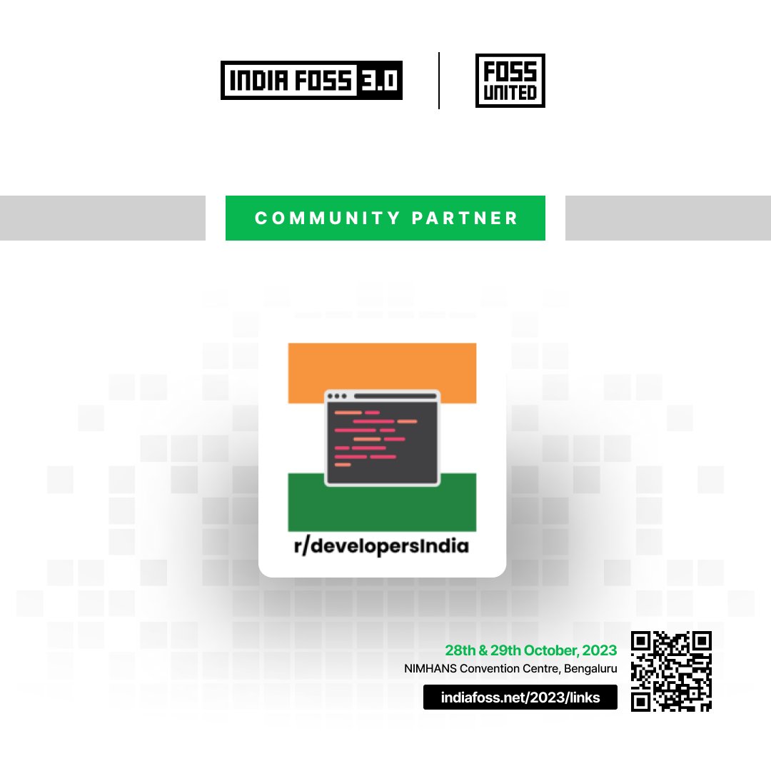 We are thrilled to have <a href="/devsinindia/">The developersIndia Community</a> as one of our community partners for  IndiaFOSS 3.0! ✨

This is wholesome reddit community made by &amp; for software and tech folks in India . 

Visit indiafoss.net/2023 to explore the world of FOSS with us on Oct 28th! 🌏

#IndiaFOSS