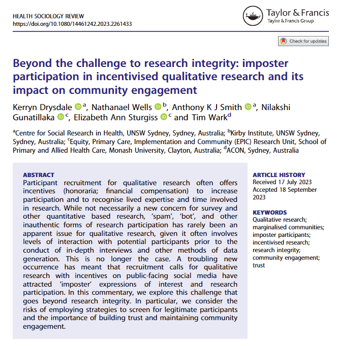 Ongoing challenges with 'imposter participation' - how do we meaningfully work with community partners to maintain successful recruitment and reciprocal trust between researchers - community orgs - participants. Free copies of the article available here: tandfonline.com/eprint/G2ZUB3Q…