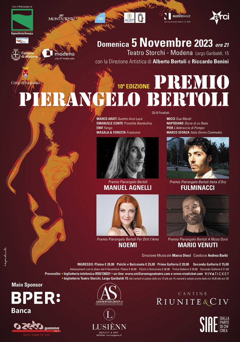 Il mio prossimo progetto, Premio Pierangelo Bertoli, 4 e 5 novembre al Teatro Storchi di Modena. Premiati: <a href="/noemiofficial/">Noemi</a> Noemi, <a href="/mariovenuti/">mariovenuti</a>  Mario Venuti, Fulminacci, <a href="/manuelagnelliI/">Manuel insulta gente</a> Manuel Agnelli. Con <a href="/albertoli1980/">Alberto Bertoli</a>  Alberto Bertoli. Evviva la Musica di Serie A.