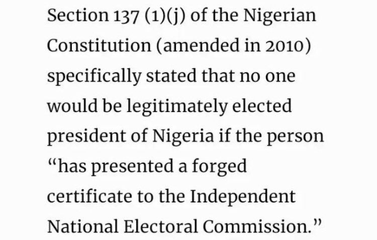 PUBLIC SERVICE ANNOUNCEMENT.

Bola Ahmed Tinubu &amp; Kashim Shettima must be disqualified by the Supreme Court, on the ground of certificate forgery.

The 1999 Constitution is clear on what must happen. I call on fellow Nigerians to join me in calling for their disqualification.