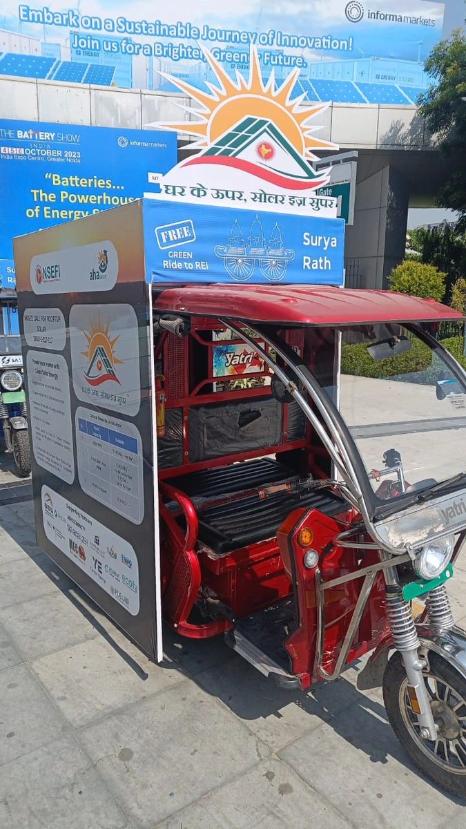 NSEFI_official's tweet image. Reach REI through mini Surya Rath 🛺 #freeRides

Your Last mile travel needs have been taken care of by #NSEFI &amp;amp; @AhaSolar 

Our Surya Rath's are available for you to take a #FREE RIDE from Metro Station to #REI expo, Greater Noida, from 4-6 October'23 

The surya rath's are