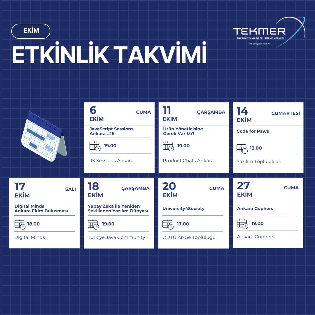 🚀 Şehir merkezinde, #girişim ve #teknoloji ekosistemi ile iç içe bir ortamda topluluklarınıza en iyi etkinlik deneyimini sunmaya devam ediyoruz. Ekim ayında Ankara TEKMER'de hangi etkinlikler olduğuna gelin birlikte bakalım! #tekmerdeyiz #ankaratekmer @digitalmindstr