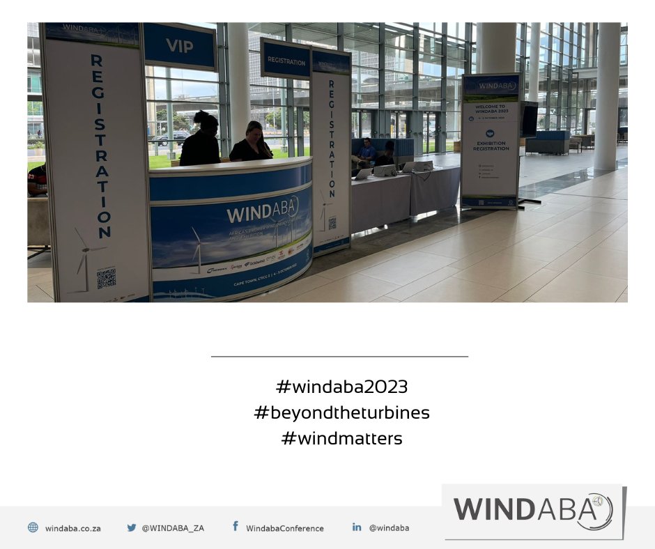 WINDABA_ZA's tweet photo. WINDABA IS HERE!
This year’s 11th annual Windaba conference kicks off this morning, under the theme of ‘Beyond the Turbines’. Delegate registration is underway & we look forward to the opening plenary at 9am.
@_sawea
#windaba2023 #beyondtheturbines
#windmatters https://t.co/xMXCA2Gszh