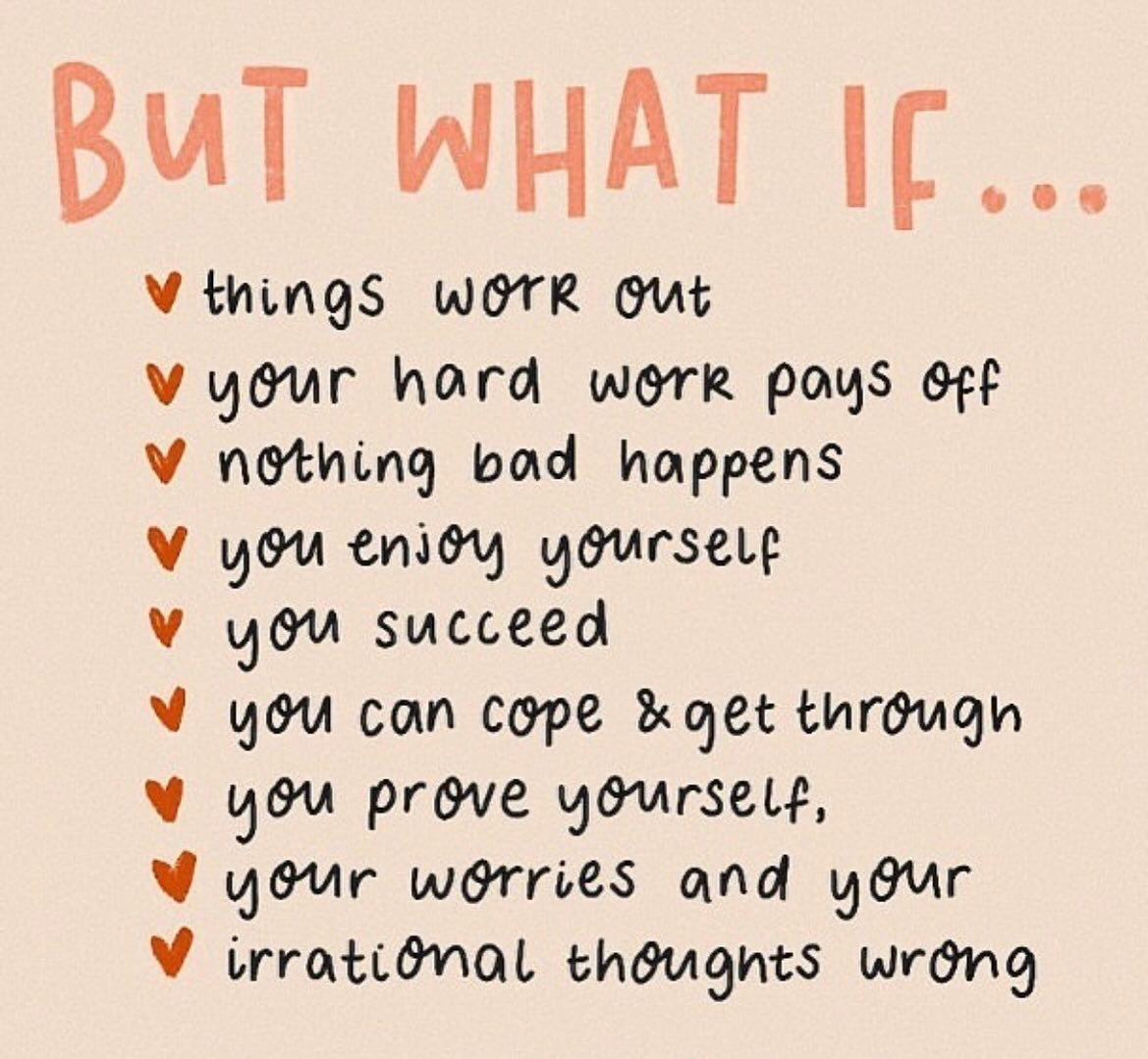“Worrying does not take away tomorrow's troubles. It takes away today's peace” ☮️ 

We have no control over what happens outside of us. Decide today, that every worry in your head is going to change. 

Since we can't control outcomes - we can assume the best will happen!