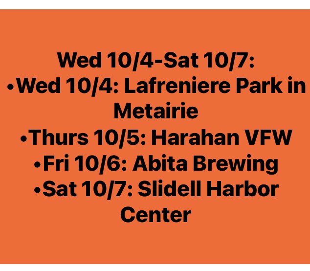 BayouPantry's tweet photo. •Wednesday 10/4: Lafreniere Park Farmers Arts Market 2pm-7pm
•Thursday 10/5: VFW Farmers Market at Harahan VFW Post 3267 4pm-8pm
•Friday 10/6: October Food Truck Round Up at @TheAbitaBeer 5:30pm-8:30pm
•Saturday 10/7: Louisiana Food Truck Festival 11am-3pm https://t.co/xYfpAQFUGq