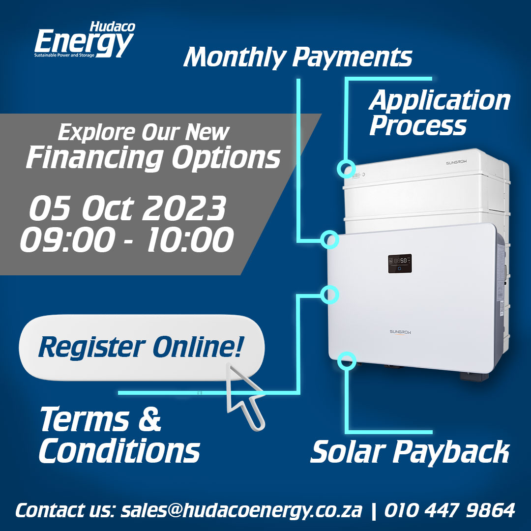 Join us this Thursday,
📅 October 5th, 2023,
🕰 09:00 - 10:00
as we proudly unveil our financing options for the Sungrow 6kVA Hybrid!

Don't miss this chance to invest in your energy future!

Register here: shorturl.at/jwRY3

#EmpoweringSouthAfrica #AffordableEnergy