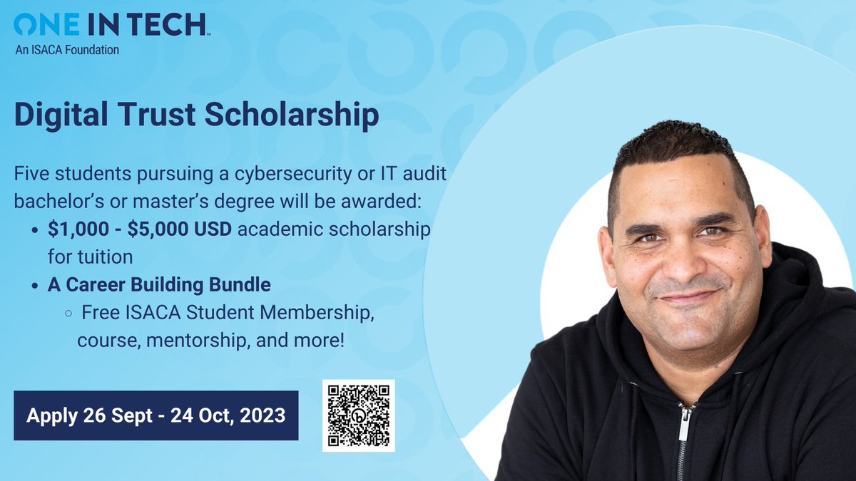 One In Tech, an ISACA Foundation (@weareoneintech) on Twitter photo Happy #CybersecurityAwarenessMonth! π Are you a global #cybersecurity student looking for opportunities? Look no further! Apply now for the Digital Trust Scholarship: bit.ly/45wJZXj
<a href="/ISACANews/">ISACA Global</a> #OITscholarships #informationassurance #scholarship #SeeYourselfInCyber Happy #CybersecurityAwarenessMonth! π Are you a global #cybersecurity student looking for opportunities? Look no further! Apply now for the Digital Trust Scholarship: bit.ly/45wJZXj
<a href="/ISACANews/">ISACA Global</a> #OITscholarships #informationassurance #scholarship #SeeYourselfInCyber