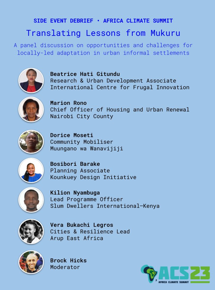 Check out the debrief article on my side event at the #AfricaClimateSummit23 on the opportunities and challenges of urban upgrading for #LocallyLedAdaptation and translating lessons from the #MukuruSPA (Nairobi) to cities across Africa.

tinyurl.com/acs23-debrief