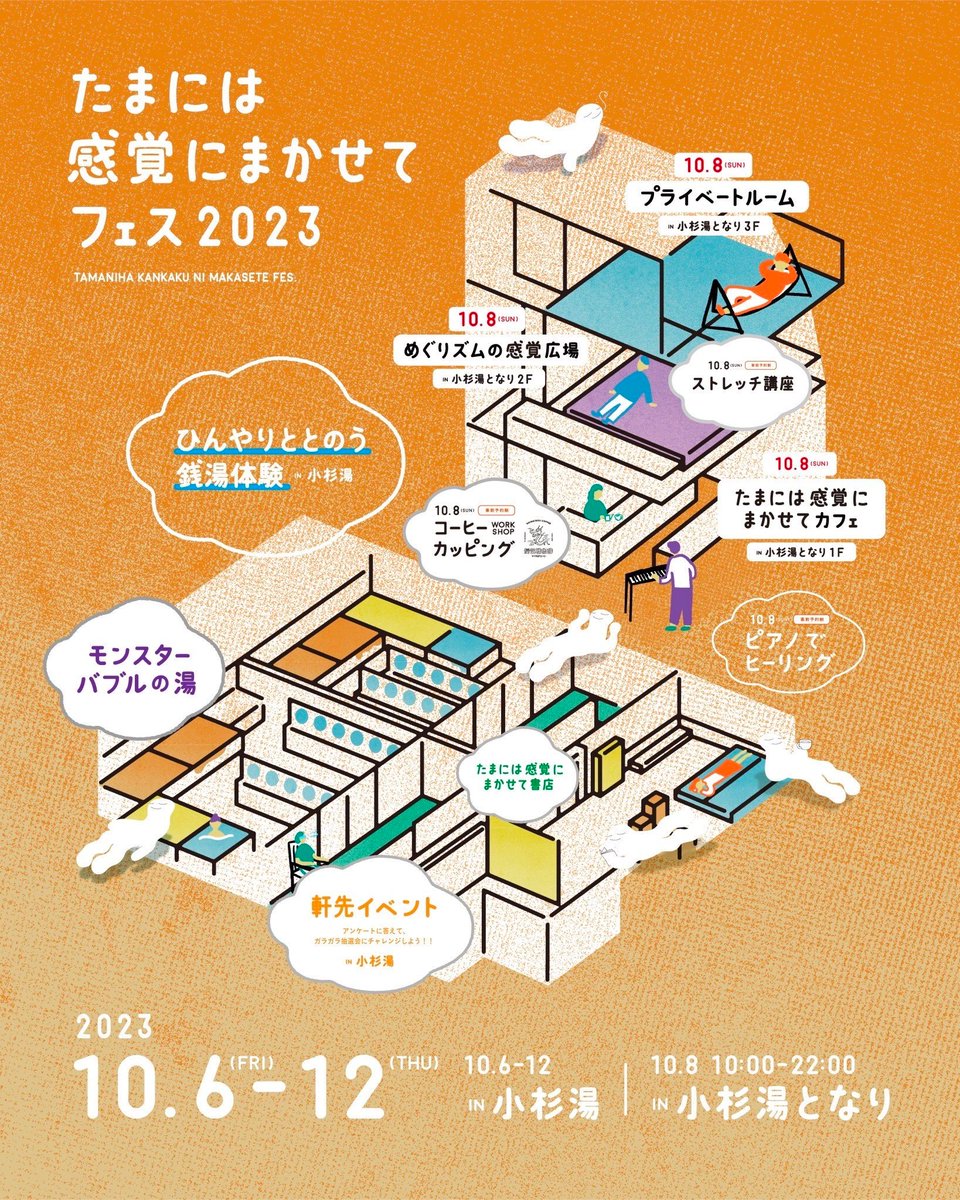 kosugiyu_tonari's tweet photo. ♨️今週末は小杉湯となりへ♨️
10/6 金-12 木は、「たまには感覚にまかせてフェス」！
小杉湯となりは10月8日（日）1日開放になります。
コーヒーカッピング、ストレッチ講座、ピアノでヒーリングなど身体の感覚を使ったさまざまなコンテンツがあります。Peatixより予約をどうぞ！リンクはコメント欄に。 https://t.co/eAfyBV1sSl