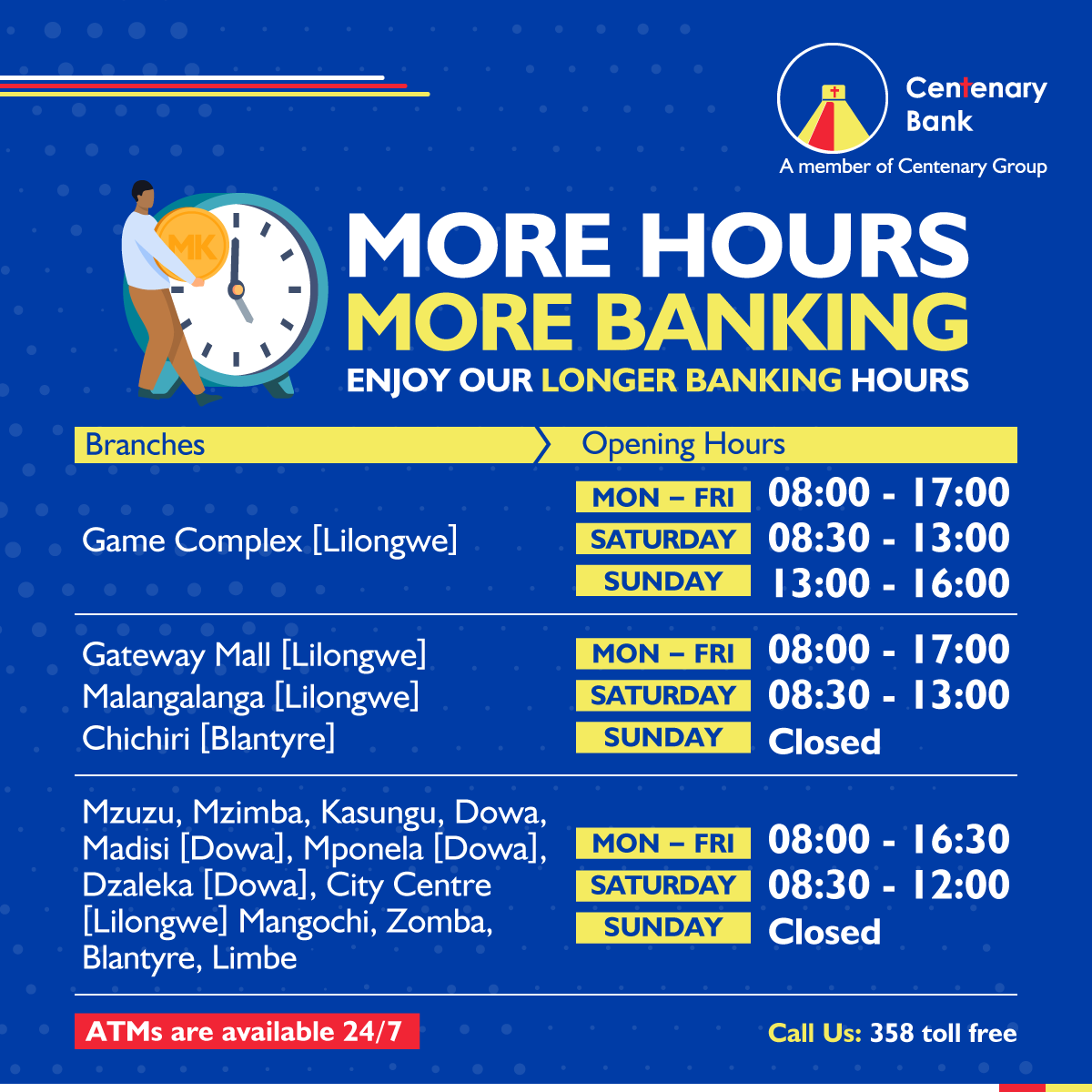 CenteBankLtd's tweet photo. Enjoy the convenience of longer banking hours, designed to cater to your busy schedule.
#ReimagineBanking https://t.co/oIeYmz4wRd
