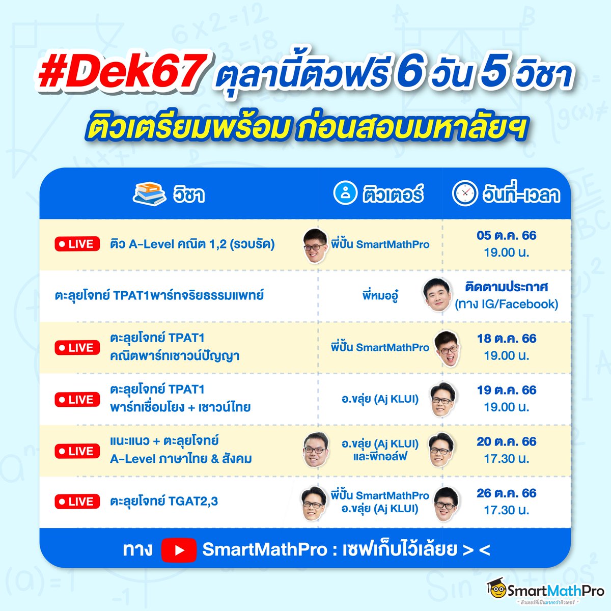 #Dek67 พรุ่งนี้พี่จะมาไลฟ์ติว
A-Level คณิต 1,2 (ฉบับรวบรัด)
วิธีเตรียมตัวในช่วงเวลาที่เหลืออยู่
พร้อมพาลุยโจทย์จัดเต็มมมม > <
.
เจอกันวันพรุ่งนี้ 19.00 น. เป็นต้นไป
ดาวน์โหลดเอกสาร : bit.ly/3F0LemH
.
แถมทั้งตุลาคมนี้ พี่ยังมีติวฟรีอีกเพียบบ !!
ไม่อยากพลาด