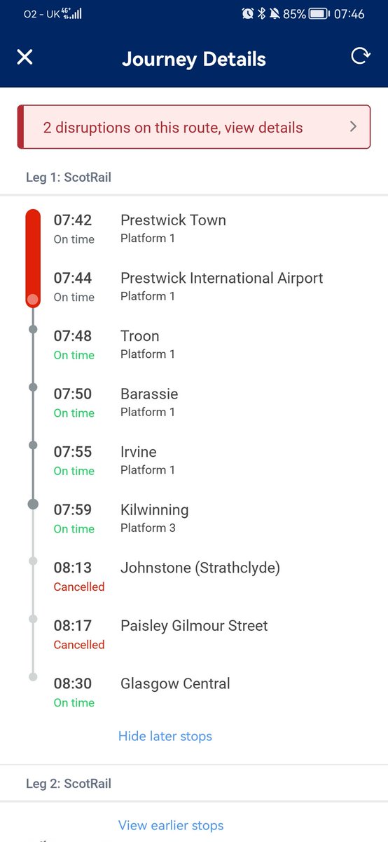 Boydface's tweet photo. Any chance you can sort your app out @ScotRail? You cancel 2 stops when the train is due to arrive and now it says its left. It hasn't even arrived at Prestwick. https://t.co/x4OAAW8DS1