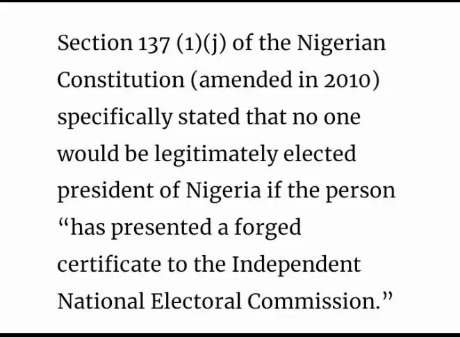 PO_GrassRootM's tweet photo. Section 137(1)(j) of the Constitution, 1999: 
"137. (1) A person shall not be qualified for election to the office of President if -
(j) he has presented a forged certificate to the Independent National Electoral Commission". 
 Dear supreme Court, sacking Tinubu is all well-meaning Nigerians are asking of you.  Enough of international disgrace because of Drug Baron Tinubu
#TinubuMustResignNow