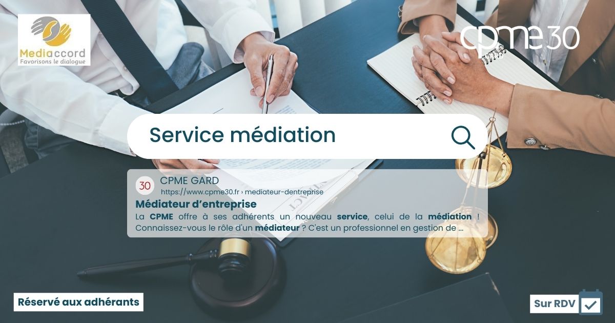 [👨‍⚖️Service médiation - cpme30 ]

🆕Dans le cadre de vos litiges, la cpme30 vous offre la possibilité de consulter un MEDIATEUR dans le domaine du "droit commercial" et du "droit du travail". (exclusivement)

👉 Inscription : urlz.fr/ll5y