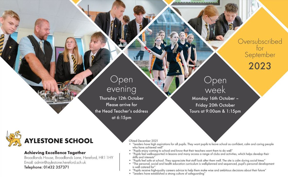 Please RT:Students and staff are looking forward to welcoming you to our Open Evening on Thurs Oct 12.  Please arrive for 6:15pm at the Hall in Broadlands Primary School for the Head Teachers address. Guided tours of Aylestone will follow. For more info please visit our website