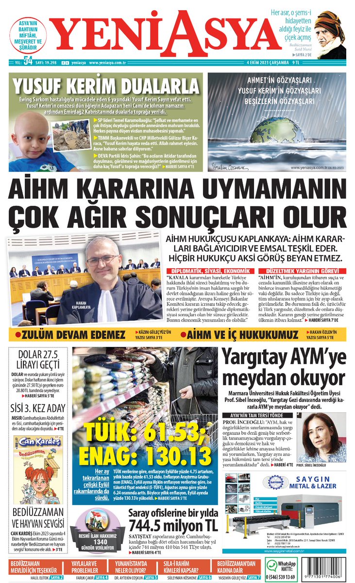 4 Ekim 2023 tarihli Yeni Asya'nın 1. sayfası
