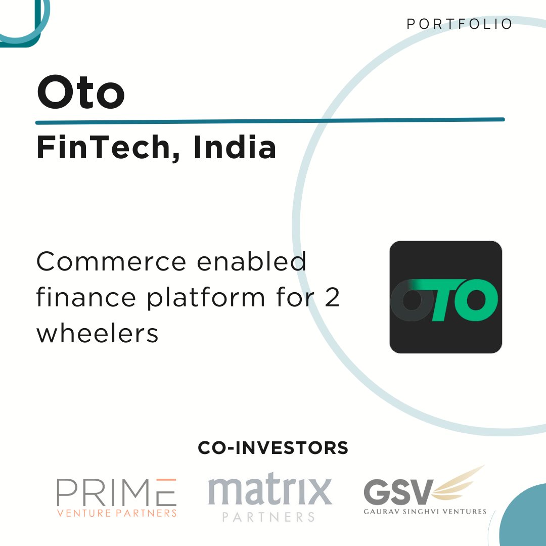 Introducing our portfolio company OTO, operating in the Fintech space.

Founded by Sumit Chhazed (ex-Founder, CredR) and Harsh Saruparia, OTO is digitally reimagining the customer experience of purchasing a new-2W (both IC and EV) with its commerce enabled finance platform.