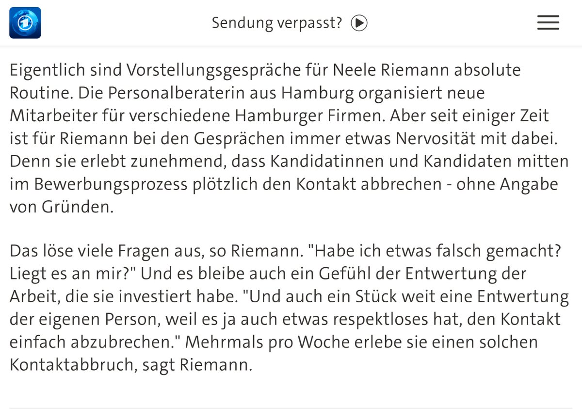 Hahaha. Eine Personalerin heult in der Tagesschau rum, weil sich Bewerber nicht mehr bei ihr zurückmelden.

Den Millionen Bewerbern die nie eine Antwort von Unternehmen erhalten, bietet die Tagesschau leider keine Bühne.