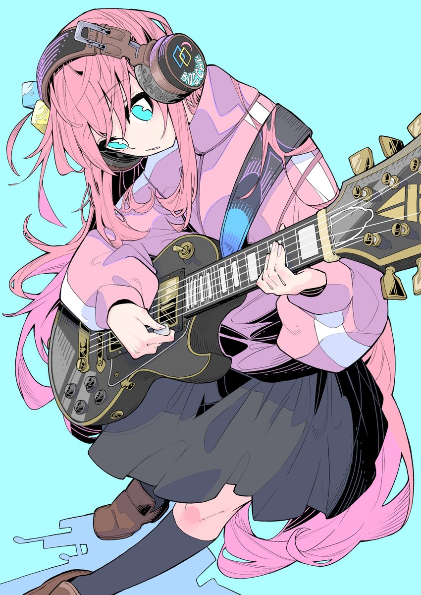 gotou hitori 1girl solo instrument long hair guitar pink hair pink jacket  illustration images